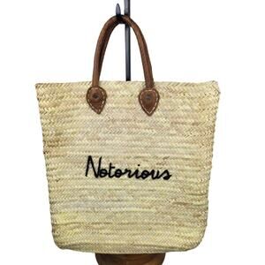 POOLSIDE Straw Tote Leather Handle Black Embroidery Personalized Beach Summer